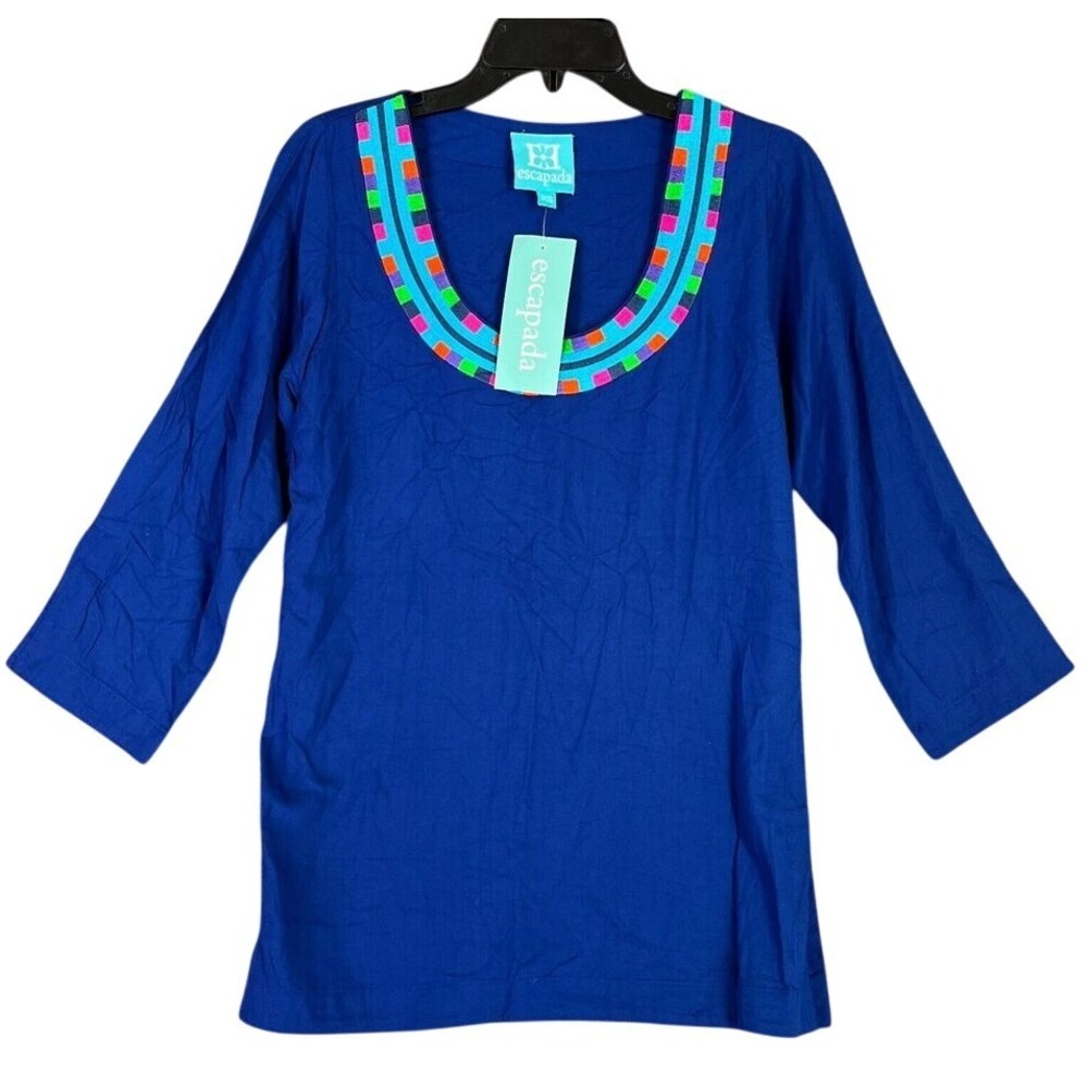 Escapada Shirt Womens Extra Small‎ Blue 3/4 Sleeve Scoop Neck Below Hips Blouse